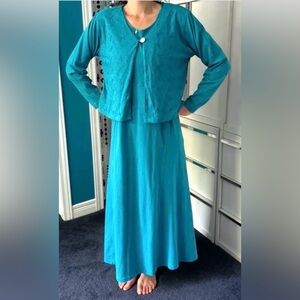 90’s Turquoise Cotton Maxi Dress & Matching Bolero Set – Embroidered Inset